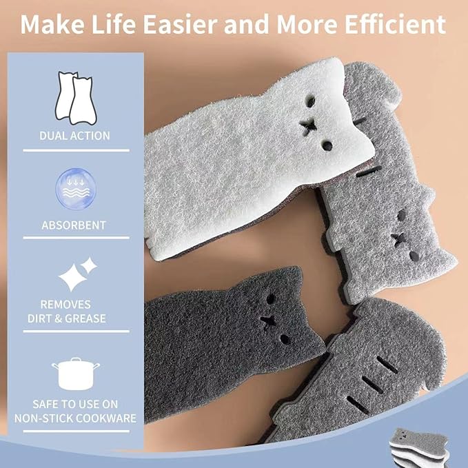 Kitchen Sponges Reusable, Cat Shape Dish Sponge for Washing Dishes, Non Scratch Sponges for Cleaning Dishwashing, Household Scrub Sponge Heavy Duty,4pack