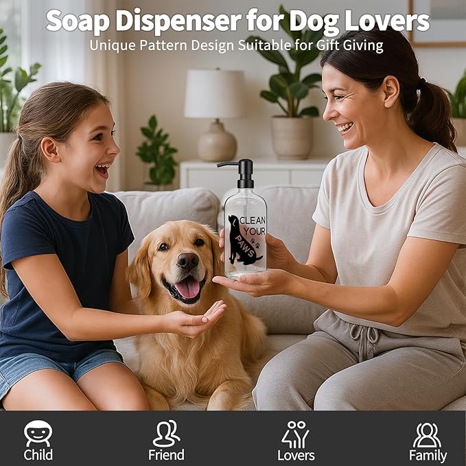 Black Dog Soap Dispenser 17 oz Clear Glass Hand Soap Bottle with 304 Stainless Steel Pump for Bathroom or Kitchen Countertop Dog Lover Gift Idea
