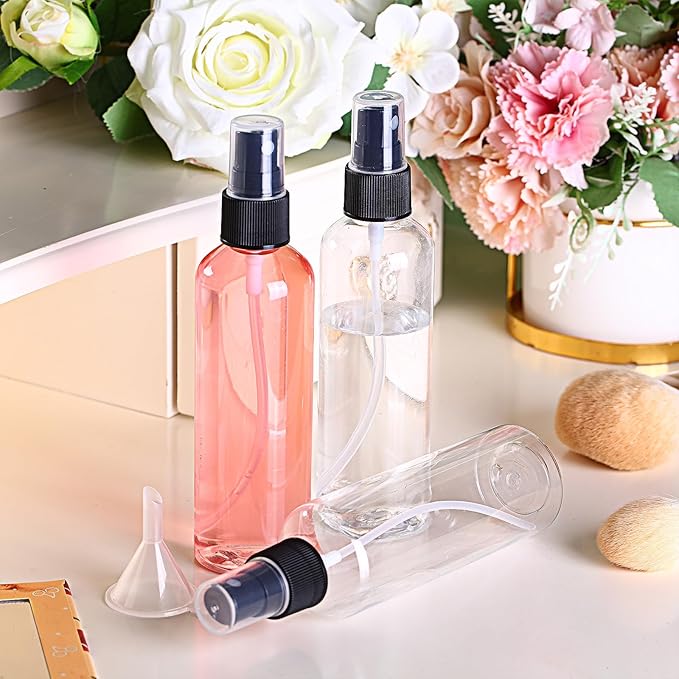 Layhit 100 Pcs Small Spray Bottles 4 Oz/120ml Clear Plastic Spray with 5 Pcs Small Funnels Mini Empty Fine Mist Bottles for Essential Oils Travel Perfumes