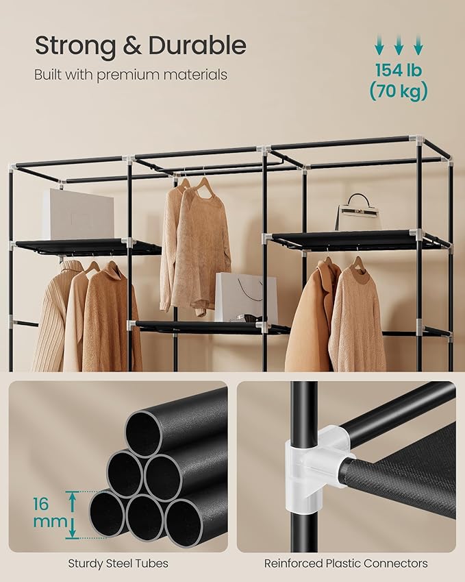 SONGMICS Portable Closet, Fabric Wardrobe, Clothes Rack with Shelves, Pockets, Large Capacity, 4 Hanging Rods, 74.4 x 17.7 x 70.9 Inches, Black URYG011BZ02