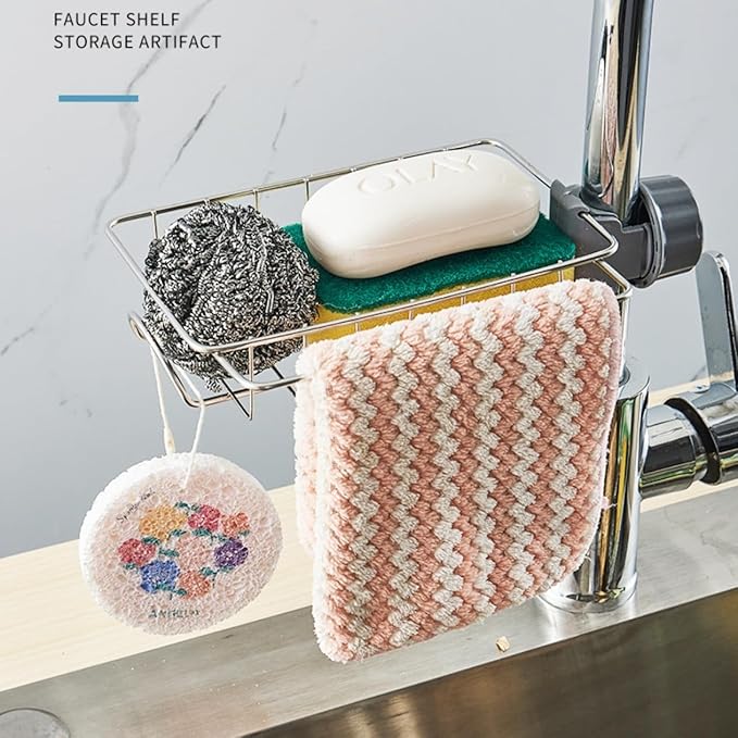 Sponge Holder for Kitchen Sink, Silver Stainless Steel Sink Organizer, Drying Rack for Sponges and Bottles