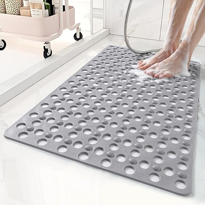 BREELEAM Non Slip Bathtub Mat and Shower Mat 31x17 inch,Bath Mat with Quick Dry Drain Holes and Suction Cups, Soft Comfortable Safe Bathroom Mat for Bath Tub, Floor, Tile (Grey)