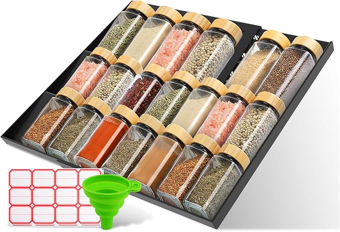 2-Pack Expandable Spice Drawer Organizer (11"-22"), 3-Tier Angled Seasoning Rack for Kitchen, Sturdy Vented Insert with Labels & Funnel, Fits Standard & Biger Spice Jars (Jars Not Included) BK