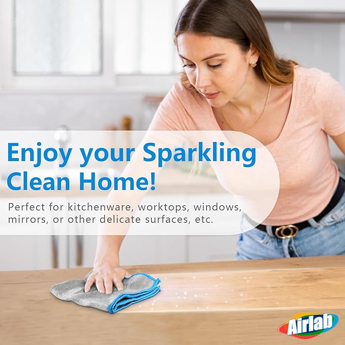 Airlab Glass Polishing Cloth Streak Free Miracle Microfiber Cleaning Cloth Lint Free Cleaning Rags for Glasses Kitchen Dish Mirrors Easy Clean, Pack of 6, 12" x 12", Sliver-Blue