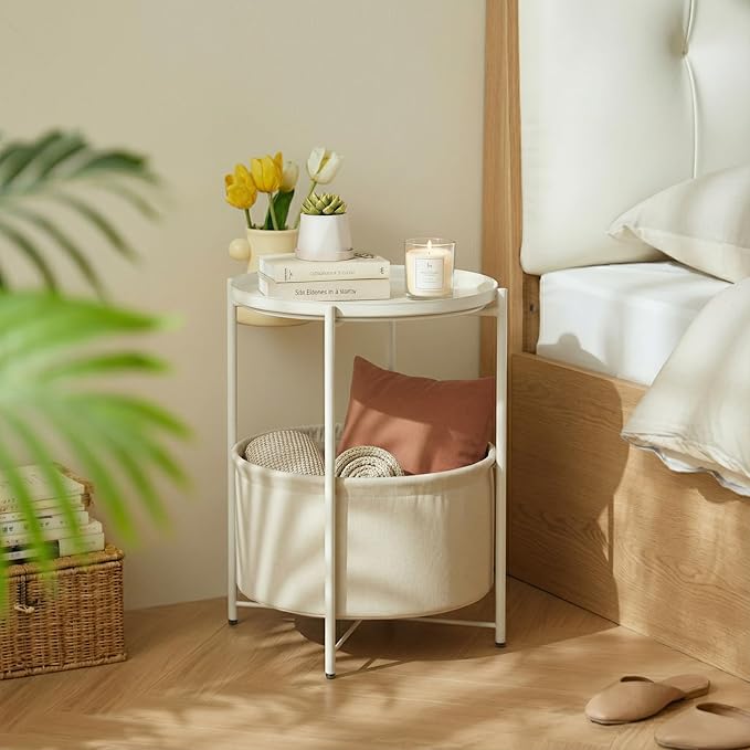 danpinera Round Side Table with Fabric Storage Basket, Metal Side Table Small Bedside Nightstand with Removable Tray Top for Living Room, Bedroom, Nursery, Laundry, White