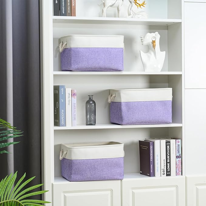 DUHEL Storage Bins 3 Pack, Fabric Storage Basket for Collapsible Medium Canvas Storage Baskets for Organizing Shelf Nursery Home Closet . (White&Purple-3PCS)
