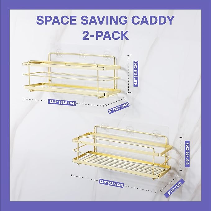 KINCMAX Premium Shower Caddy - 2-Pack Adhesive Organizer - No Drill Bathroom Shelves - Rustproof Stainless Steel for Inside Shower Shampoo Holder Storage Rack - Gold