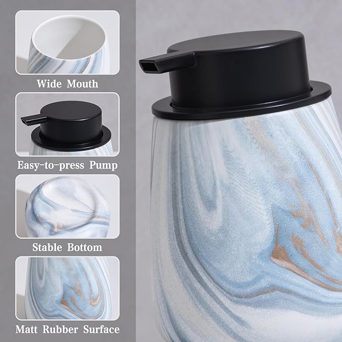 12Oz Ceramic Liquid Soap Dispenser - Modern Lotion Hand Soap Dispenser with Easy-to-Press Black Pump, Reusable and Refillable Dish Soap Dispensers for Bathroom & Kitchen, Marble Blue