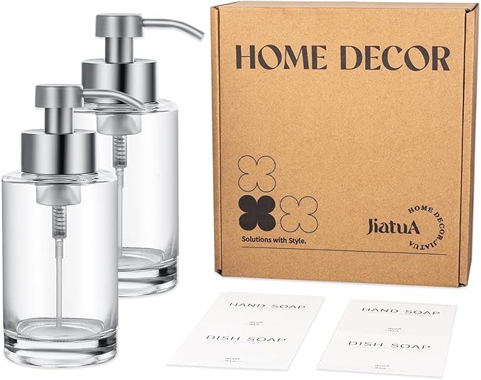 Foaming Soap Dispenser Set, 12 Oz Glass Hand Soap Dispenser with 304 Rust Proof Stainless Steel Pump, Waterproof Labels, for Bathroom Decor Kitchen College Dorm, Clear Silver Pump 2 Pack