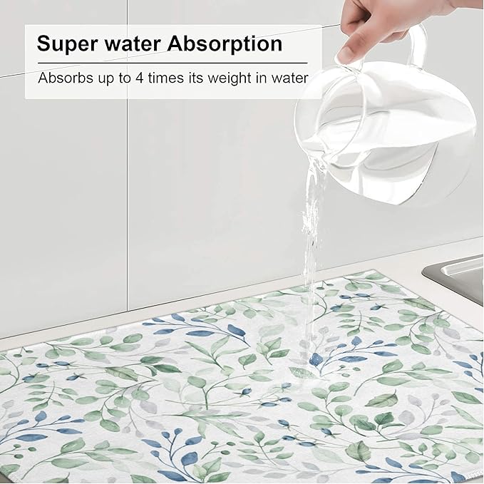 3Pcs Watercolor Floral and Leaves Dish Drying Mat & Kitchen Sink Splash Guard Faucet Mat For Kitchen Counter Absorbent Microfiber Dishes Pad Dish Drainer Rack Mats Fast Dry Kitchen Accessories