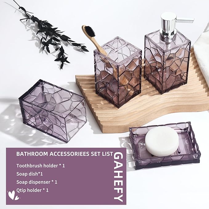 Lavender Purple Bathroom Accessories Set with Toothbrush Holder, Soap Dispenser, Tumbler, Soap Dish, Purple Bathroom Decor,Acrylic (Purple-4pcs)