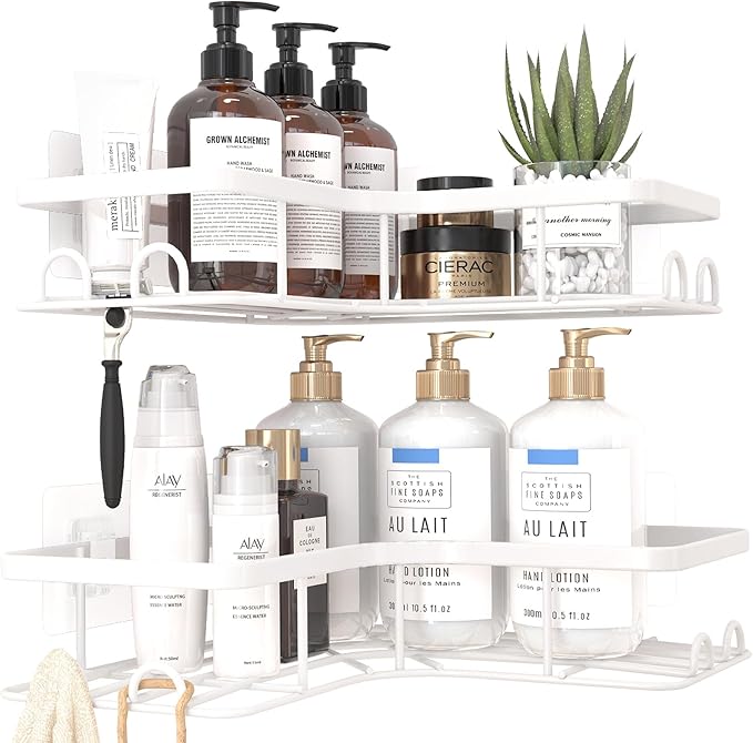 Corner Shower Caddy - 2 Pack, Adhesive Shower Organizers, Rustproof Stainless Steel Shower Shelves with 8 Hooks, No Drilling Bathroom Organizers and Storage Racks, Space-Saving, White, Large
