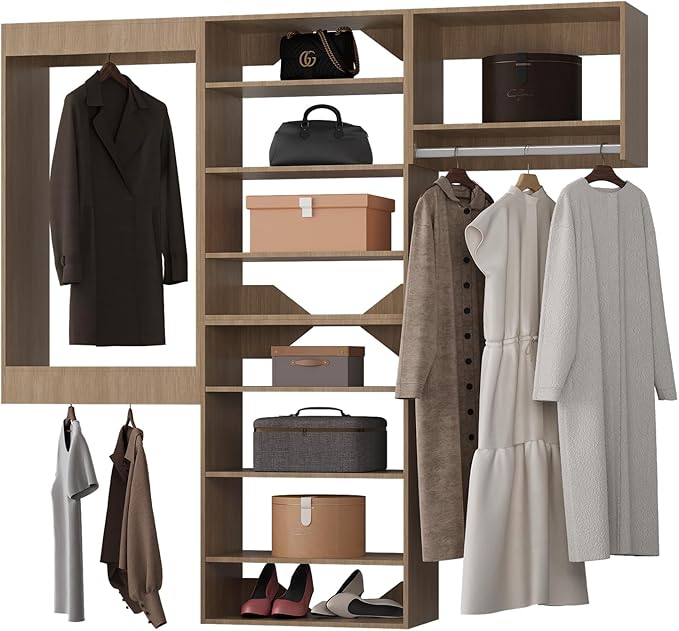 Modular Closet kit, 96in Wide Wardrobe Organizer - Tower Storage for Walk-In Closets, Wall-Mounted - Wooden Finish