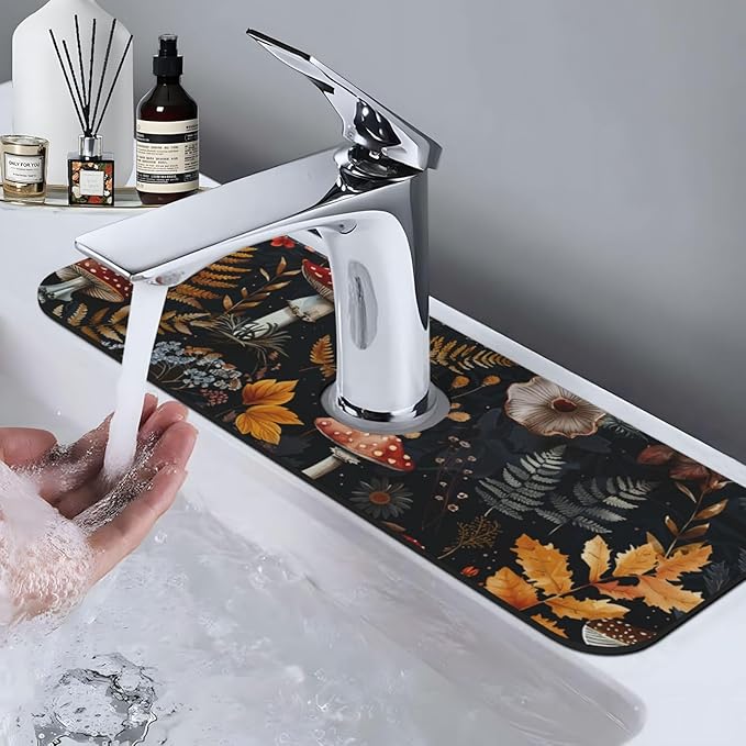 Faucet Draining Mat For Kitchen Sink, Mushrooms Ferns Wildflowers Diatom Mud Absorbent Drain Pad For Bathroom Kitchen Sink Splash Guard Drying Mat
