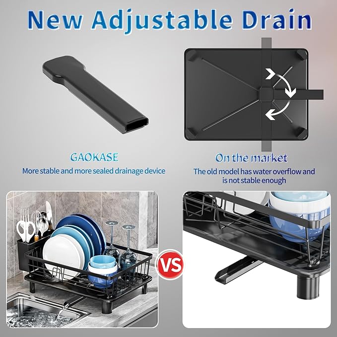 Dish Drying Rack, Stainless Steel Space-Saving Dish Rack, Dish Racks for Kitchen Counter, Kitchen Dish Drainers with Removable Utensil Holder,New Drain Outlet,Plate Rack and Drainboard, Black