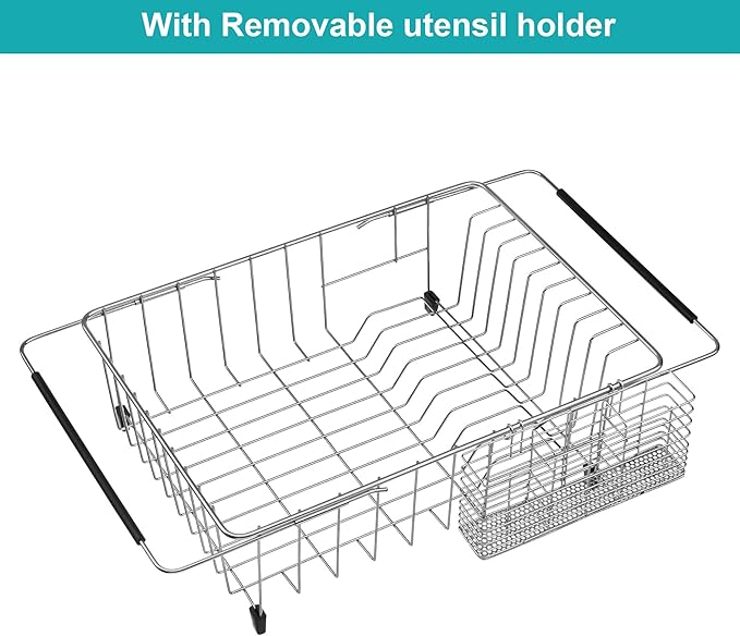 iPEGTOP Expandable Dish Drying Rack Over Sink, Rustproof Stainless Steel Dish Drying Rack Basket Shelf, Multifunctional Dish Drainer Organizer with Utensil Cutlery Holder