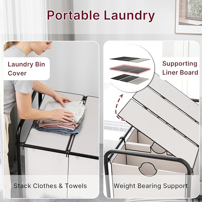 3-Compartment Laundry Cart with Lockable Wheels & Lid 180L Large Wheeled Laundry Basket Heavy-Duty Sorting Organizer for Laundry Room (White)