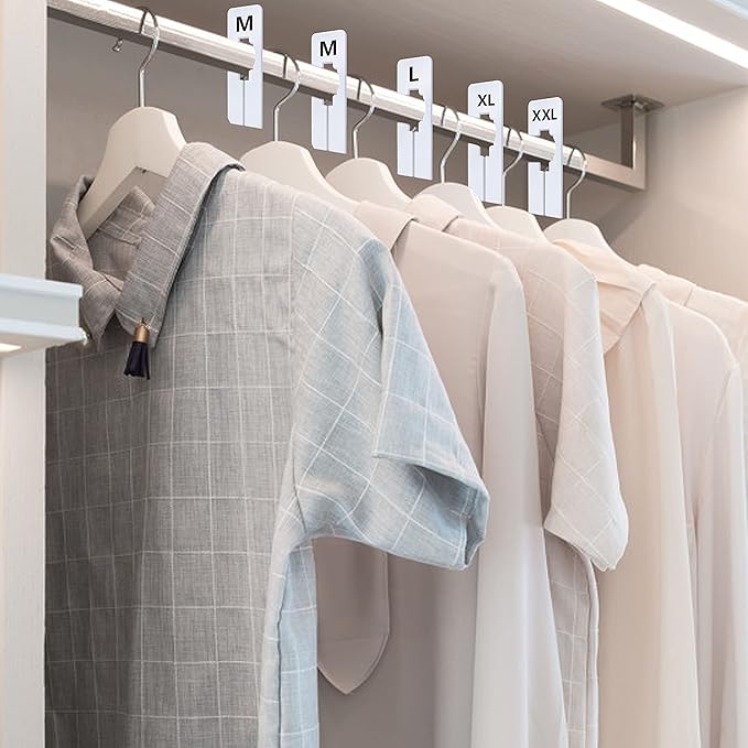 40 Pack Rectangular White Plastic Clothing Size Closet Rack Dividers Hangers, Preprinted in 8 Sizes XXS, XS, S, M, L, XL, XXL, XXXL (2.5”x 5”, Inner Diameter 1.38”)