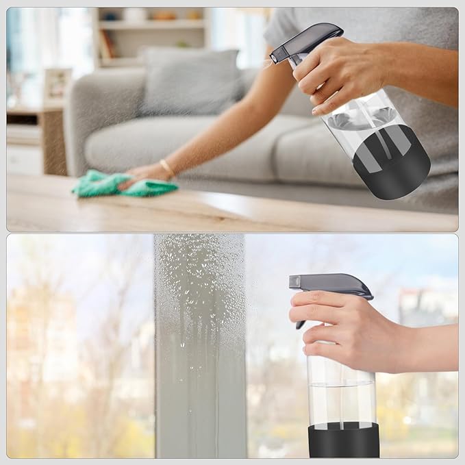 2 Pack Glass Spray Bottles with Silicone Sleeve, 16 oz Empty Refillable Containers with Adjustable Spray Nozzles, Spray Bottles for Hair, Cleaning Solutions and Plants Black&Grey