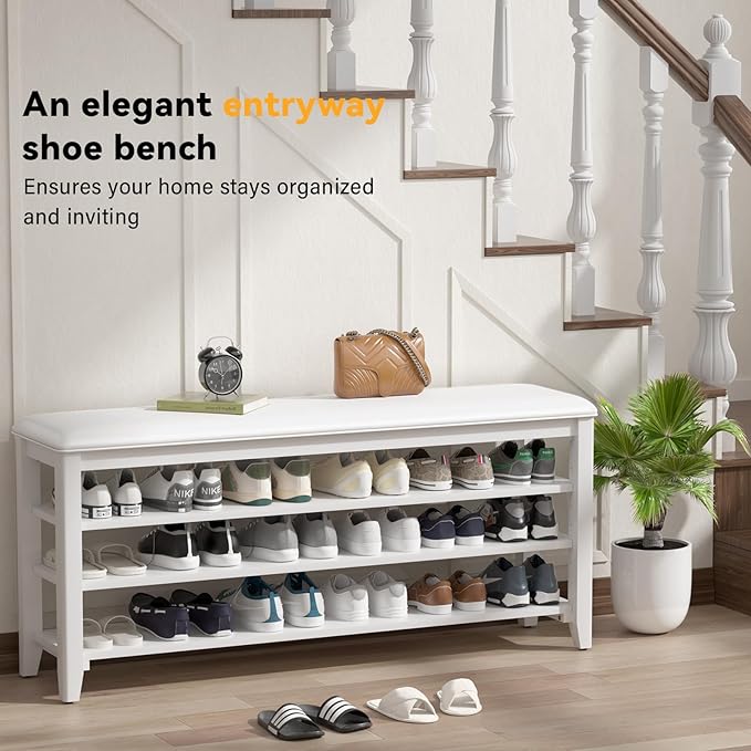 Taitiy Shoe Bench Storage Rubberwood with Leather Cushion for Entryway Bench Ideal for Hallways Shoe Rack Front Doors Entrances Mudrooms Featuring 3 Height-Adjustable and Removable Shelves