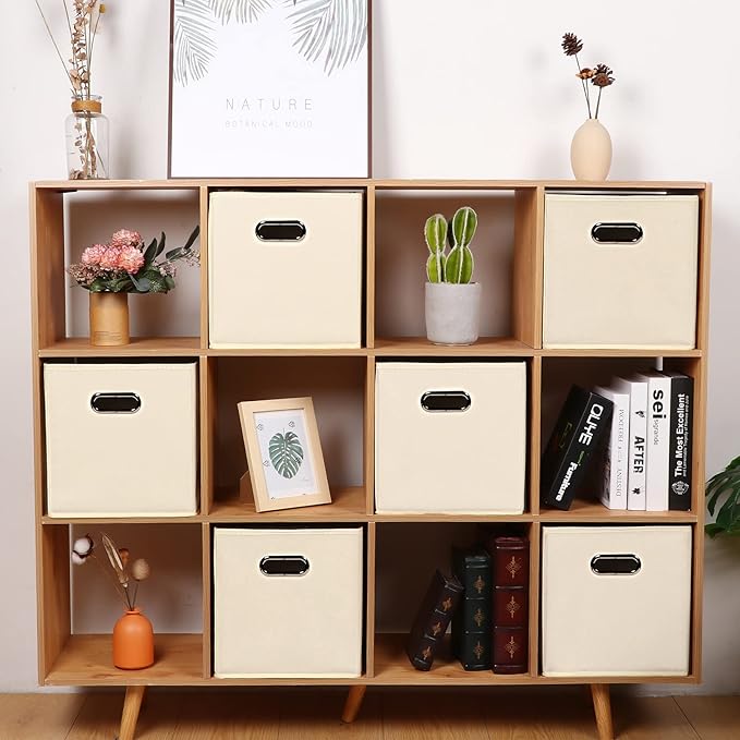 Fabric storage bins Cubes, Fabric Cube Organizer with Handle, Foldable Cube Bins for Cloth or Accessary Storage, 11x11x11, Set of 12, (Creamy White)