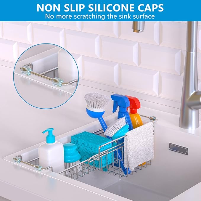 Over The Kitchen Sink Caddy Sponge Holder Organizer Drying Rack Expandable for Sponge Brush Soap Dish Cloth Rag Smaller 12.25" to 17.25", Stainless Steel