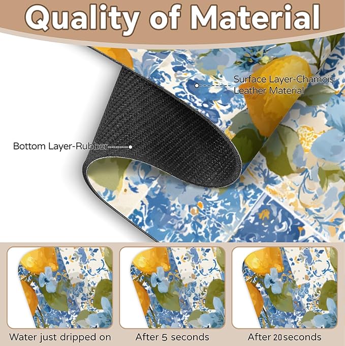 Lemon Sink Faucet Absorbing Mat, Blue Flower Kitchen Faucet Pad, Fresh Sink Splash Guard, for Bathroom Kitchen Sink Faucet Mat Drying Mat 15.4"x5.7", Home Decoration Present