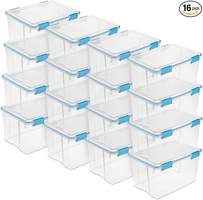 Sterilite 16-Pack Gasket Box, Weather-Resistant Storage Bins with Latching Lids, 54 Quart - Heavy-Duty Organizing Containers for Closet, Bathroom, and Office