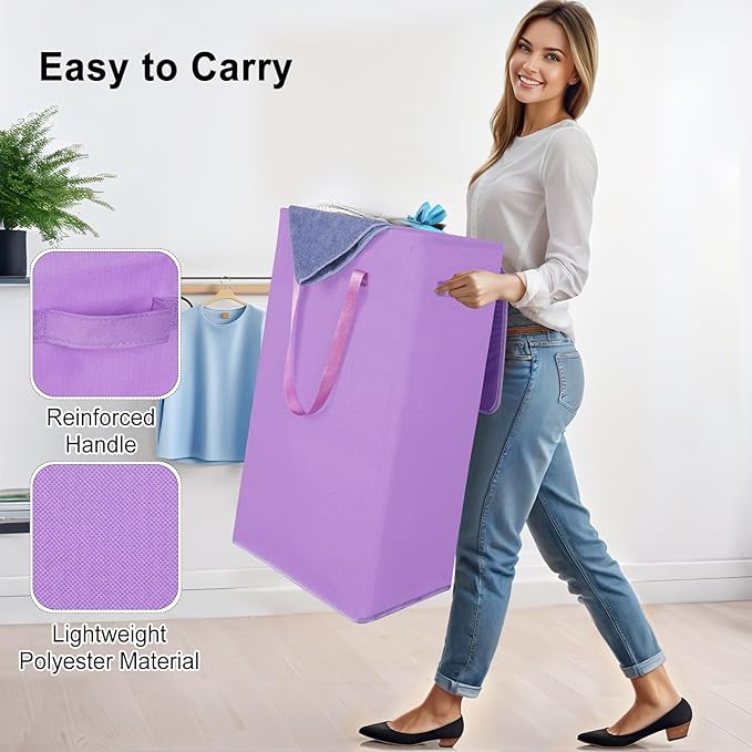 Odonata 75L Slim Laundry Hamper with Lid,Large Foldable Laundry Basket with Removable Bag and Handles Tall Collapsible Dirty Clothes Basket Great for Bedroom, Bathroom, Dorm, College,RV.(Purple, 75L)