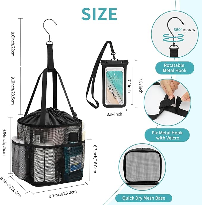 Hanging Shower Caddy, Mesh Shower Caddy Portable with Waterproof Phone Pouch for College Dorm Room Essentials, Large Capacity Shower Bag Basket with 7Pockets for Bathroom, Gym, Camping, Swiming, Beach
