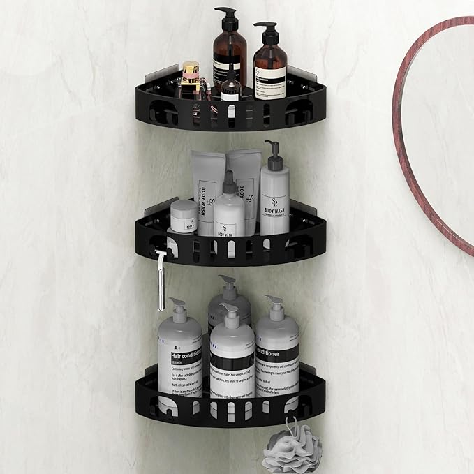 Adhesive Corner Shower Shelf No Drill | Rust-Proof Aluminum Alloy Stick On Bathroom Organizer with Shaving Holder for Shampoo, Conditioner, Soap, Razors Black 3Pack