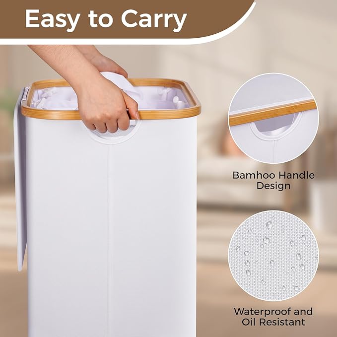 110L Slim Laundry Basket with Lid, Rolling Laundry Hamper with Bamboo Handles, Collapsible Dirty Clothes Basket Organizer with Removable Inner Bag and 3PCS Lingerie Bags for Washing Delicates