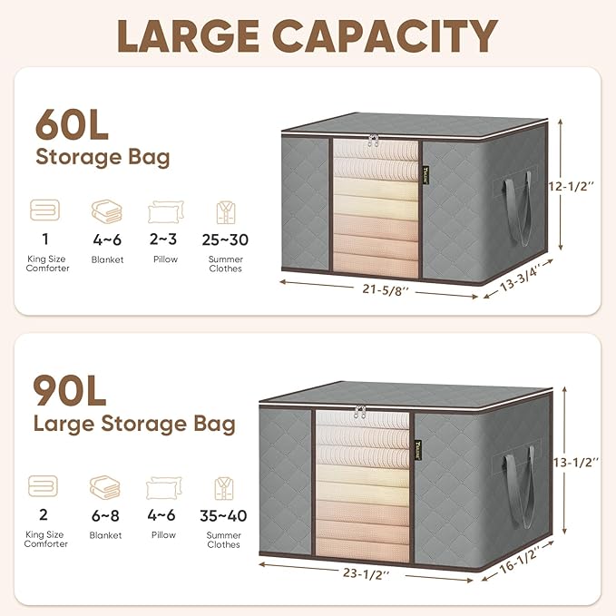 BALEINE 2 Pack Clothes Storage Bags, 16 Gallon Storage Containers with Reinforced Handle, Sturdy Zipper, Closet Organizer for Blanket, Comforter, Pillow, Bedding (Grey, 2 Pack)