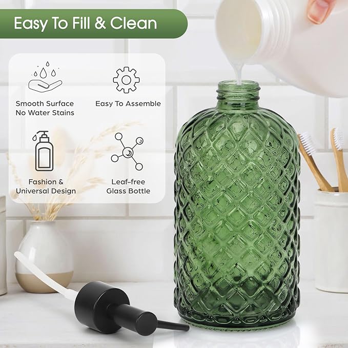 2 Pack Gem Glass Soap Dispenser with Black Plastic Pump, 13oz Liquid Hand Soap Dispenser, Rustproof Pump for Kitchen & Bathroom, Great for Lotions, Essential Oil, Liquid Soaps-Army Green