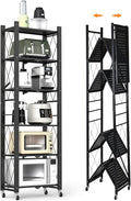 6-Tier Foldable Storage Shelves with Wheels, Folding Metal Shelf Unit, Folding Bookshelf no Assembly, Collapsible Shelves for Craft Shows for Kitchen, Bedroom, Living Room, Black