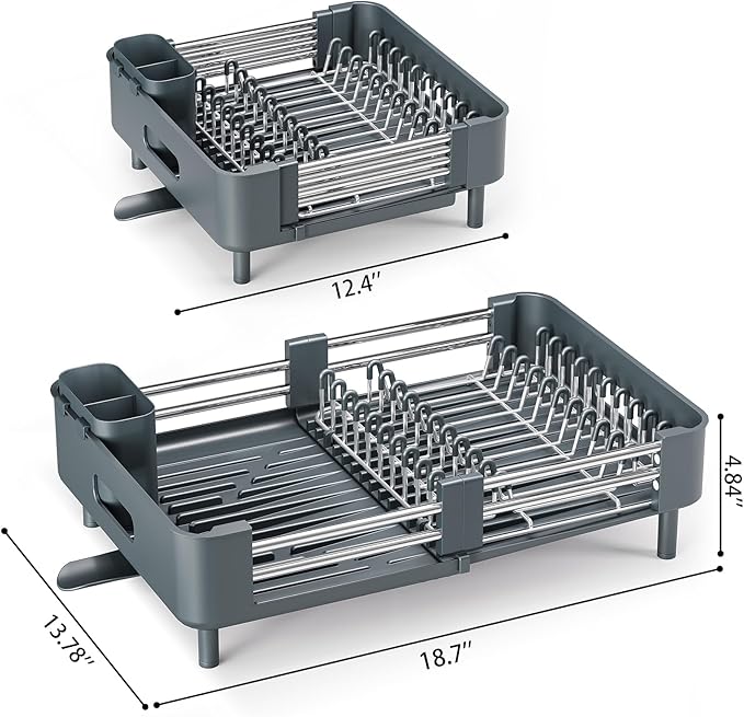 Stainless Steel Dish Drying Rack - Dish Drainer for Kitchen Counter, Extendable Drainboard with Foldable, Space-Saving Cup & Bowl Organizer, Includes Knife and Utensil Holder, Matte-Green