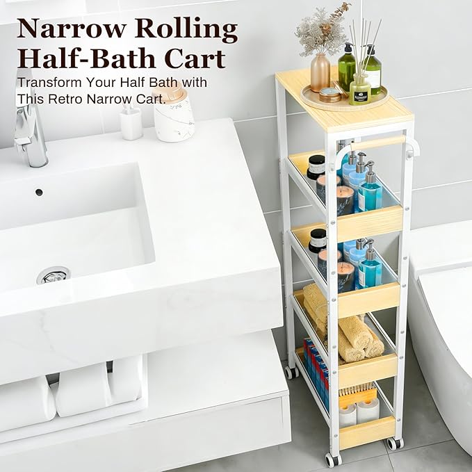 Utility 4 Tier Rolling Cart for Small Spaces, Slim Storage Cart with Wheels, Metal Narrow Kitchen Rolling Storage Cart with Wood Top& Handle for Laundry Room, White Thin Rolling Cart 7.9"(W)