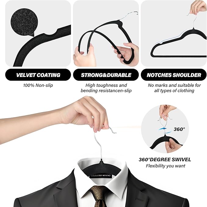 Simple Deluxe 50 Pack Velvet Hangers, Non-Slip Clothes Hangers with Shoulder Notches, 360° Swivel Hooks, Heavy Duty Coat Suit Hangers for Coats & Pants, Black