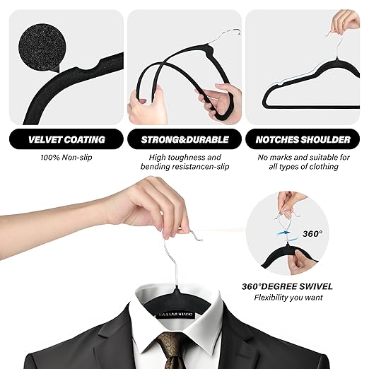 Simple Deluxe 50 Pack Velvet Hangers, 360° Swivel Hook, Non-Slip Heavy Duty Hanger Set with Shoulder Notches, for Coat, Pants & Dress, Black