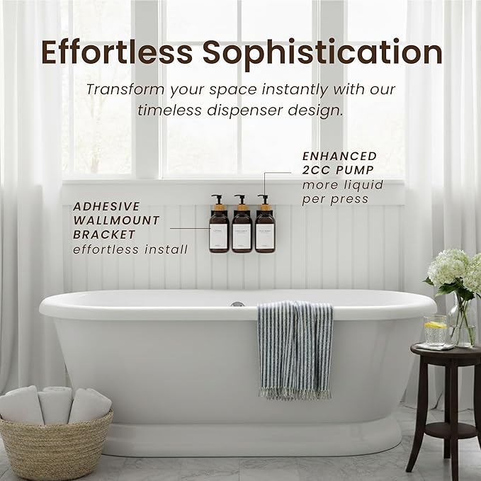 MaisoNovo Shampoo and Conditioner Dispenser - Shower Soap Dispenser Wall Mounted - 16.9 fl oz Set of 3 Amber Plastic Bottles Black Bamboo Pump - Shampoo Dispenser, Shower Dispenser 3 Chamber No Drill