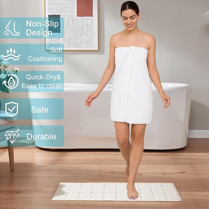 Webos Non-Slip Bath Mat for Tub & Shower：Silicone Foldable Bathtub Mat with Strong Suction Cups, Quick Drain Holes, Machine Washable Extra Large Bathroom Mats 35.8" x 17.7", Beige