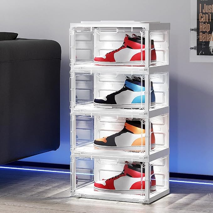 BROVIEW Led Shoe Boxes, Shoe Display Case with Lights, Large Clear Plastic Foldable Shoe Storage Box, Voice Activated Led Shoe Organizer Sneaker Case, Collection Crate, 1 Row 4 Tier White