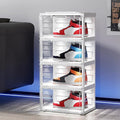 BROVIEW Led Shoe Boxes, Shoe Display Case with Lights, Large Clear Plastic Foldable Shoe Storage Box, Voice Activated Led Shoe Organizer Sneaker Case, Collection Crate, 1 Row 4 Tier White