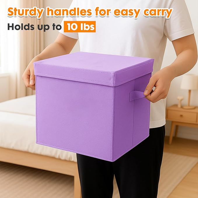ShellKingdom Storage Bins, Foldable Fabric Storage Cubes with Lid, Clothes Storage Organizer Drawer For Closet Toys Storage, 10.5 X 10.5 X 11 INCH, 2 Pack (Lavender)