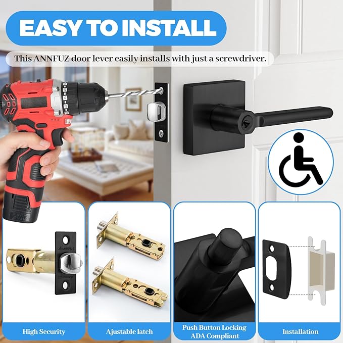 Entry One-Touch Push Button Locking Door Handle Lock with Keys,Non-Handed Opening,Entrance Reversible Left Right Lever for Interior/Exterior Front Door, ADA-Compliant Knob,for Office,Bathroom