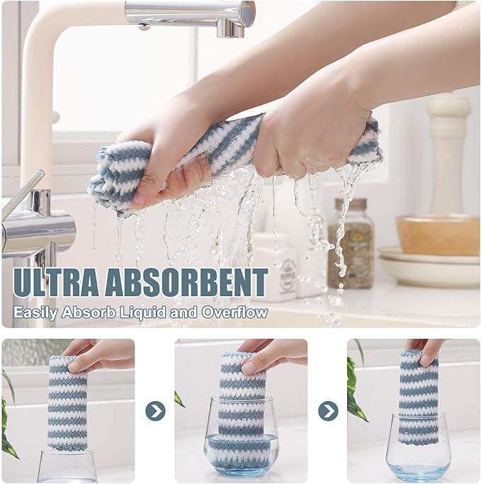 Homaxy 12 Pack Kitchen Dish Cloths, Ultra Soft and Absorbent Dish Towels, Reusable Fast Drying Microfiber Cleaning Cloth, Coral Velvet Wave Design No-lint, 10 x 10 inches, Dusty Blue