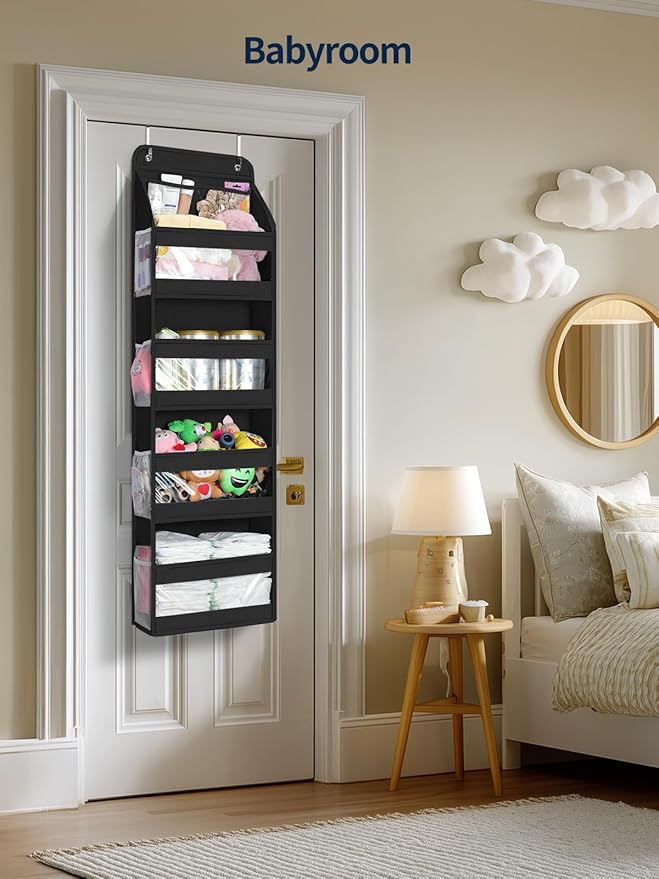 Yecaye 5 Tier 1Pc Over the Door Organizer, Swing-proof Door Organizer Hanging with Clear PVC Windows, Behind the Door Storage for Bedroom Nursery Closet Laundry Pantry Bathroom, Black