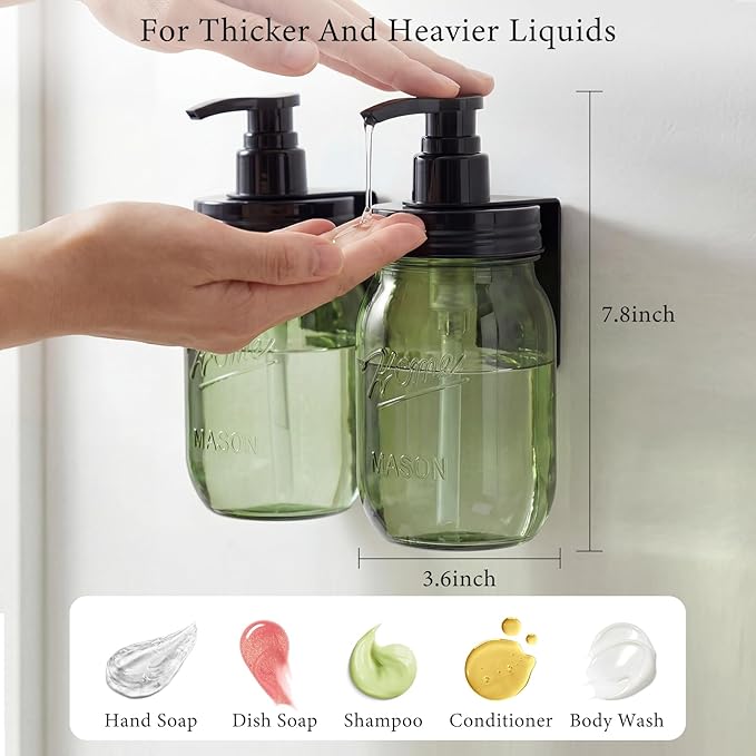 Amolliar Plastic Mason Jar Soap Dispenser with Pump Lid,16OZ Refillable Hand Soap Dispenser Set with Cute Lables - Farmhouse Decor for Kitchen Bathroom, Liquid Soap, Dish Soap, Lotion (2 Pack, Green)
