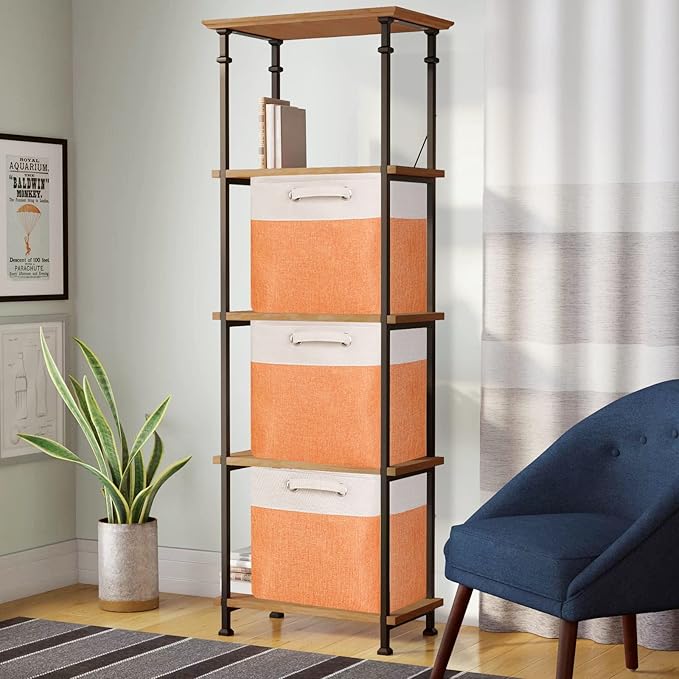 Fabric Cube Storage Boxes Foldable Storage Bins 13-Inch Orange and Beige Patchwork Storage Baskets Cube Storage Bins with Handle Cube Inserts Storage for Home and Office Supplies 3 Pcs/Pack, Sy-1