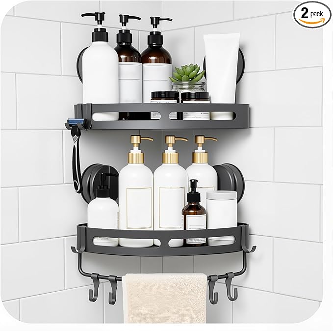 XXKMDXW Corner Shower Caddy Suction Cup Shower Shelf Corner No Drilling Bathroom Shower Organizer Storage Rack Suction Cup Type with Towel Bar Hooks